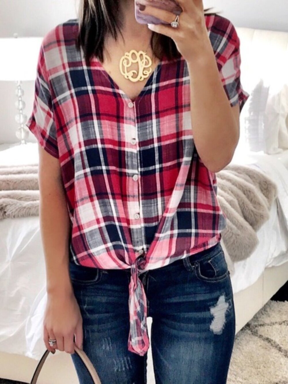 Universal Thread Plaid Tie-Front Short Sleeve Button Down Blouse Top - Size Med